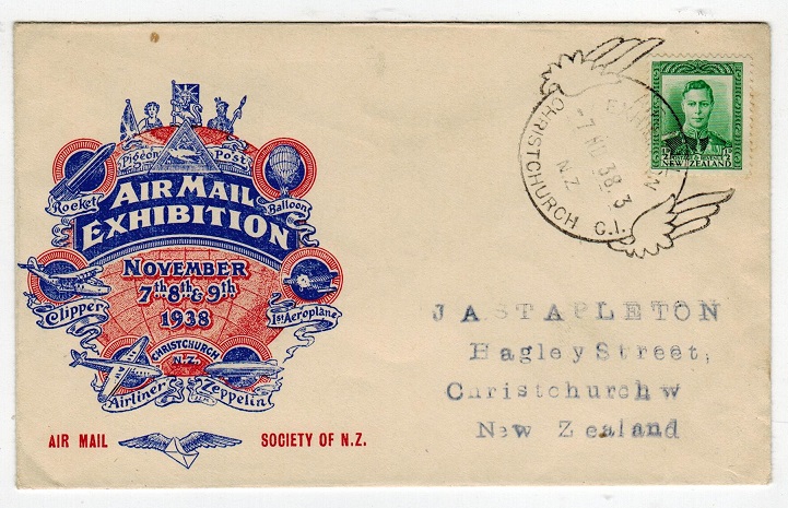 NEW ZEALAND - 1938 local 1/2d AIR MAIL EXHIBITION/CHRISTCHURCH cover.