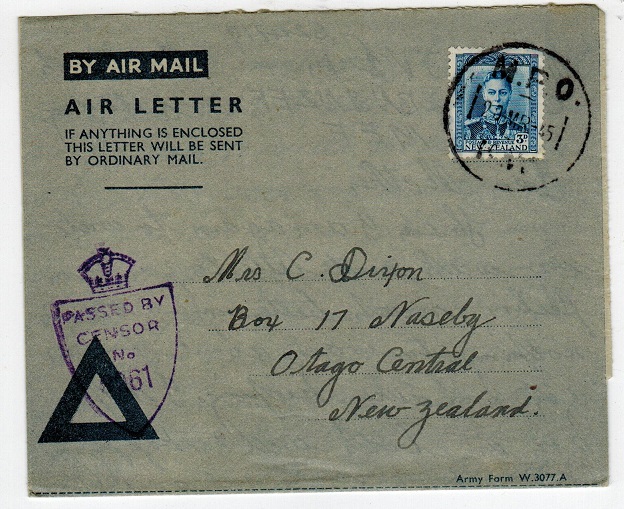 NEW ZEALAND - 1945 (blue triangle) air letter to New Zealand from MPO/KW and censored.