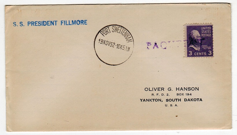 SUDAN - 1952 PAQUEBOT cover to USA used on the S.S.PRESIDENT FILLMORE from PORT SWETTENHAM.