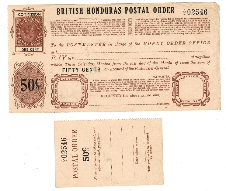 BRITISH HONDURAS - 1937 KGVI 50c+1c POSTAL ORDER unused.