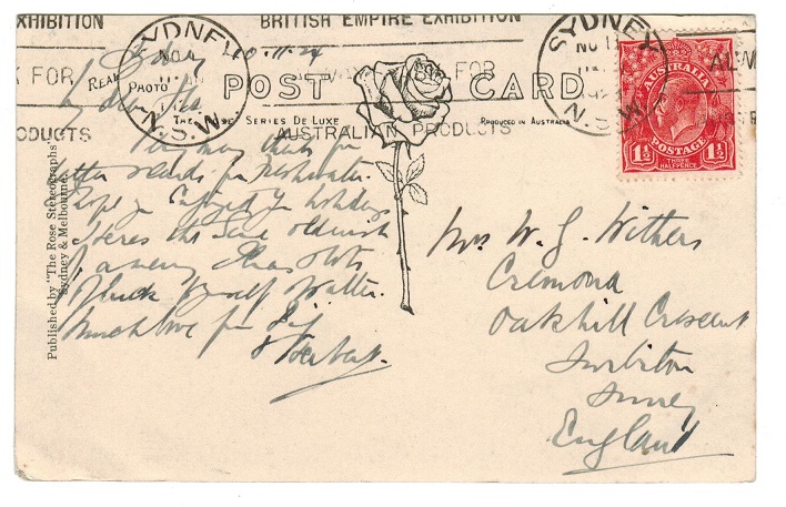 AUSTRALIA - 1924 postcard to UK cancelled BRITISH EMPIRE EXHIBITION.