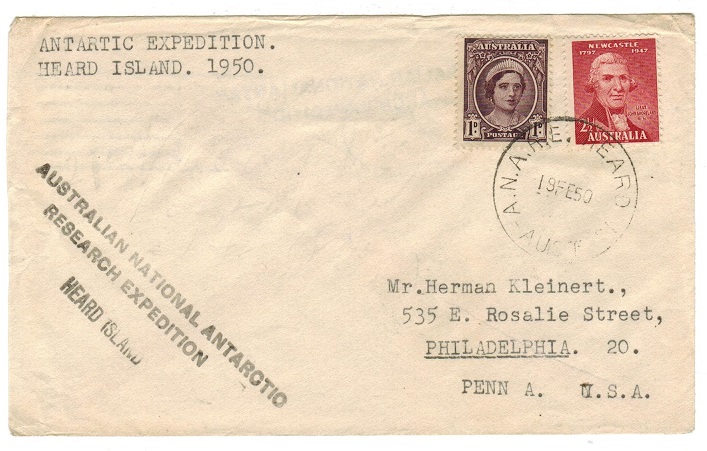 AUSTRALIA - 1950 cover to USA used at HEARD ISLAND on research expedition.