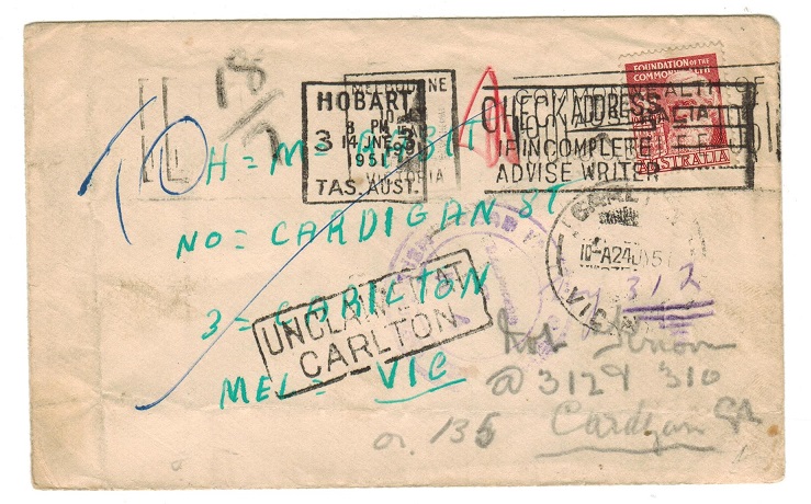 AUSTRALIA - 1951 UNCLAIMED AT CARLTON cover.