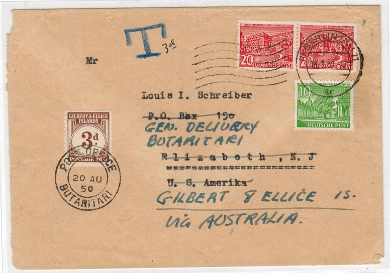 GILBERT AND ELLICE IS - 1950 inward cover from Germany with 3d 