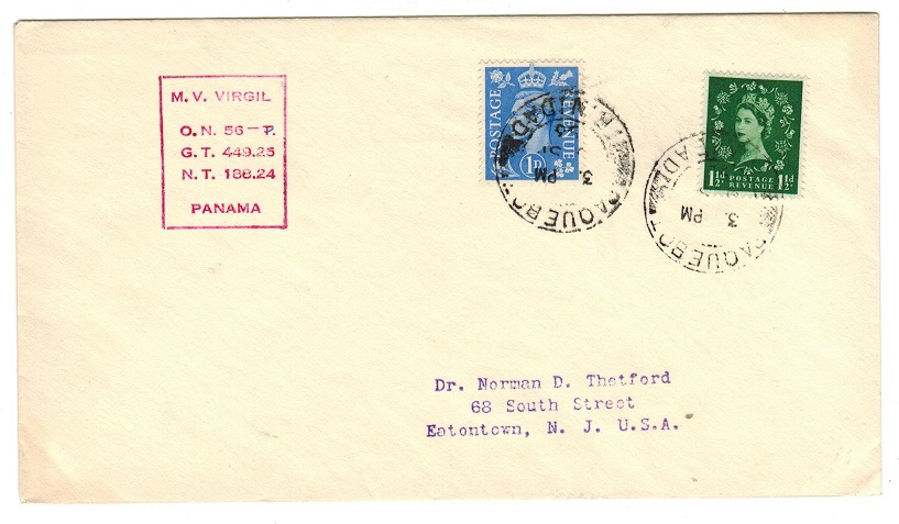TRINIDAD AND TOBAGO - 1953 GB adhesive use on cover to USA from PAQUEBOT/TRINIDAD.