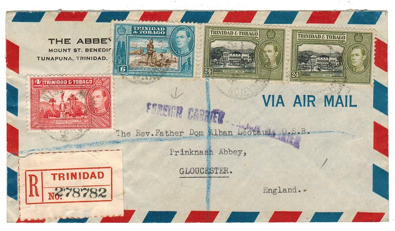 TRINIDAD AND TOBAGO - 1952 registered cover to UK with FOREIGN CARRIER h/s.