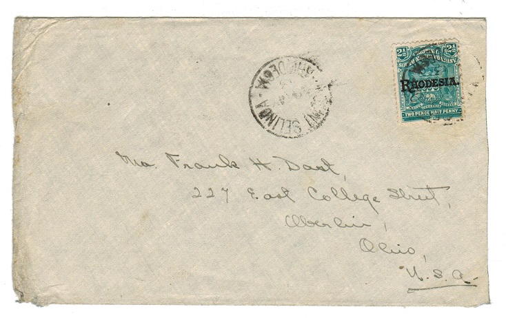 RHODESIA - 1913 2 1/2d rate cover to USA used at MOUNT SELINDA.