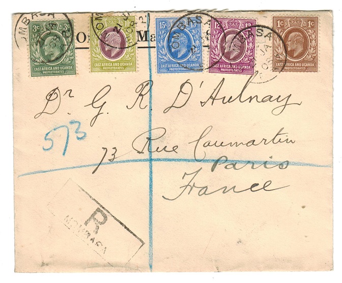K.U.T. - 1908 OHMS registered cover to France from MOMBASA.
