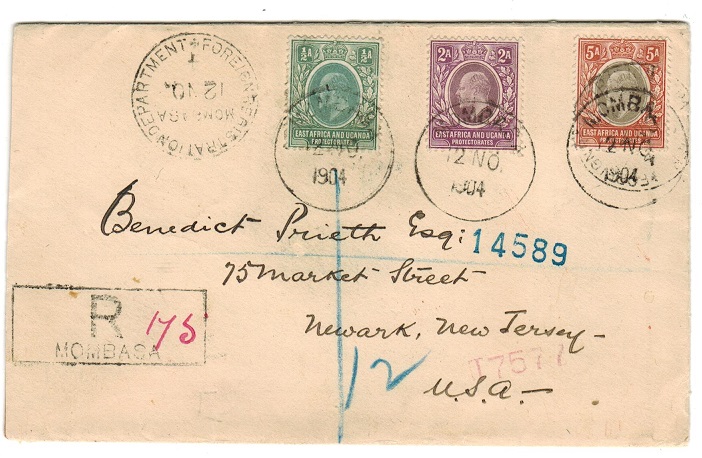 K.U.T. - 1904 registered cover to USA cancelled FOREIGN REGISTRATION DEPARTMENT/MOMBASA.