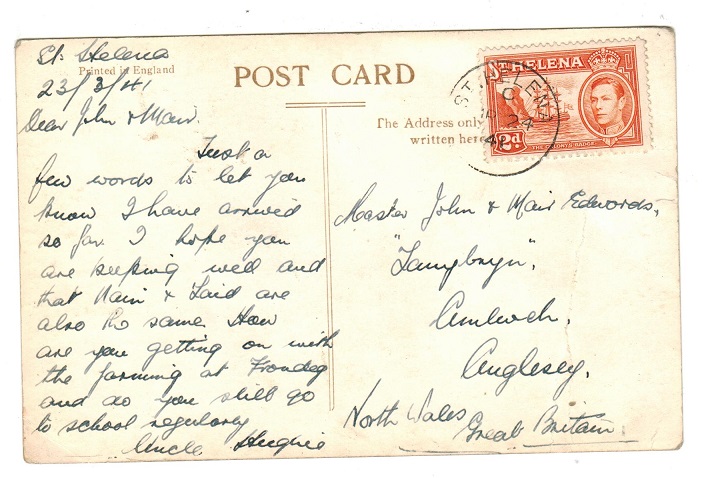 ST.HELENA - 1941 postcard to UK with 2d tied ST.HELENA.