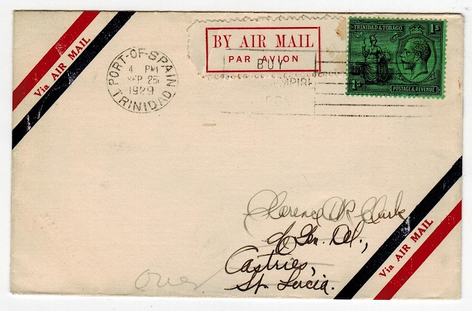ST.LUCIA - 1929 inward first flight cover from Trinidad.