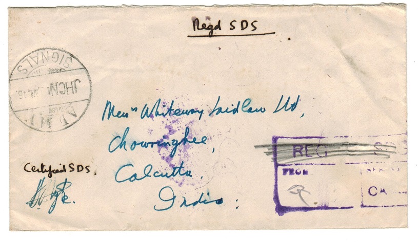 SOUTH AFRICA - 1946 stampless ARMY SIGNALS cover to India.