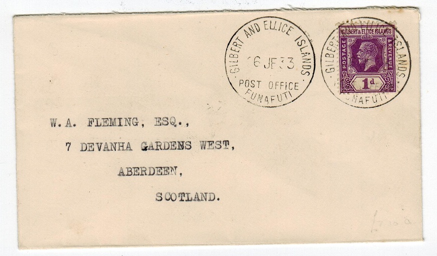 GILBERT AND ELLICE IS - 1933 1d cover from FUNAFUTI.