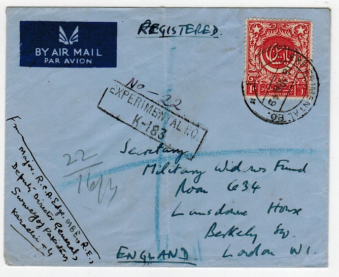 PAKISTAN - 1949 registered cover to UK used at EXPERIMENTAL P.O./K-183.