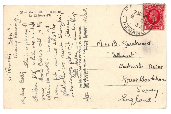 MALAYA - 1936 postcard with GB 1d used by PAQUEBOT/PENANG.