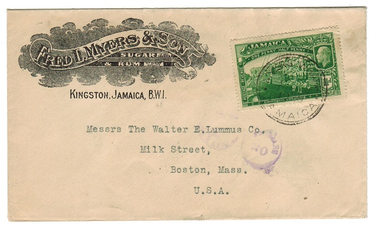 JAMAICA - 1920 Illustrated envelope to USA used at MYERS WHARF.