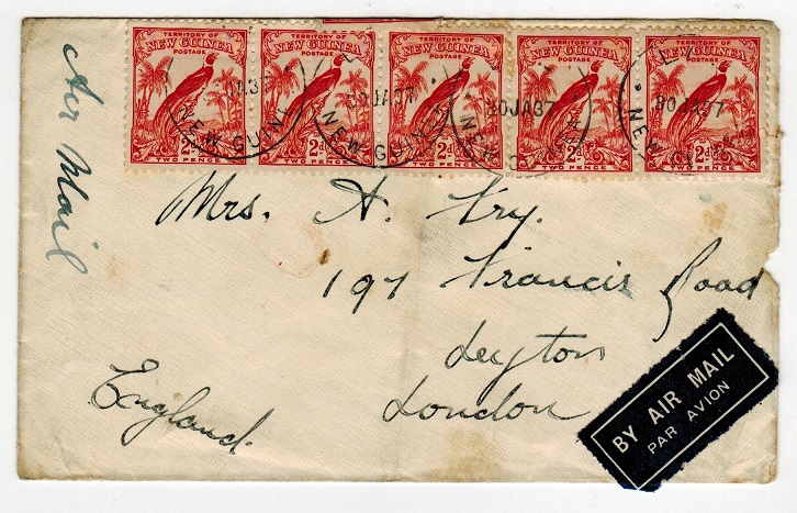 NEW GUINEA - 1937 1/6d rate cover to UK used at LAE. 