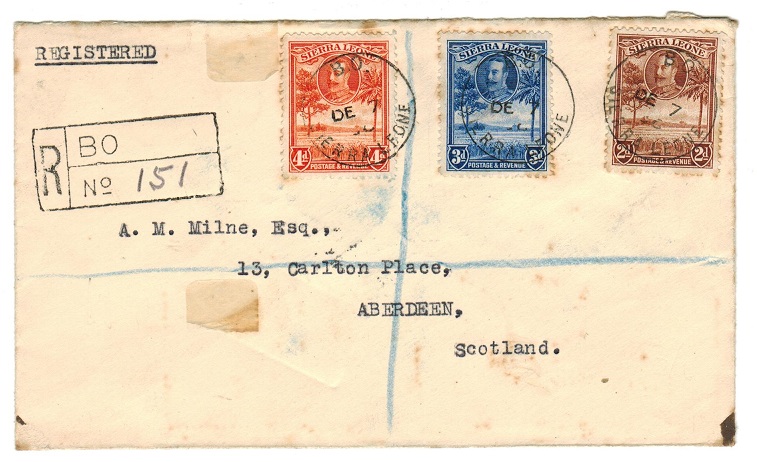 SIERRA LEONE - 1936 registered cover to UK used at BO.