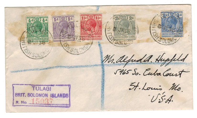 SOLOMON ISLANDS - 1938 multi franked registered cover to USA used at TULAGI.
