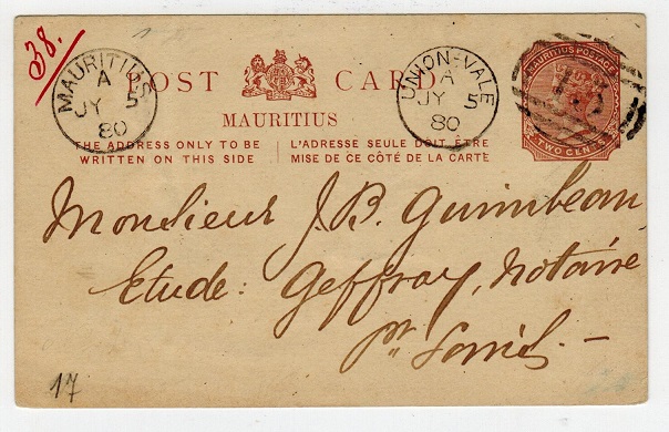 MAURITIUS - 1879 2c PSC used locally with 