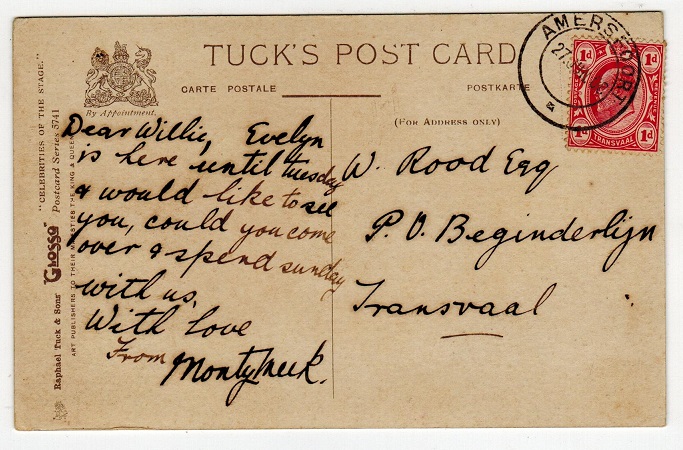 TRANSVAAL - 1908 1d rate locally addressed postcard used at AMERSFOORT.