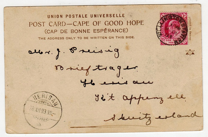 CAPE OF GOOD HOPE - 1903 1d rate postcard to Switzerland used at WELLINGTON STATION.