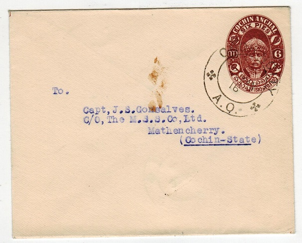 INDIA - 1936 6p chestnut brown PSE addressed locally and used at COCHIN CITY. H&G 18a.