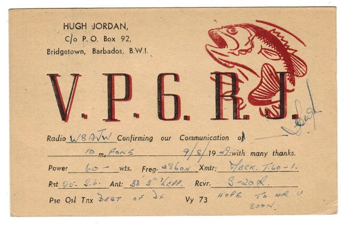 BARBADOS - 1949 QSL radio ham card addressed to USA used from GPO/BARBADOS.