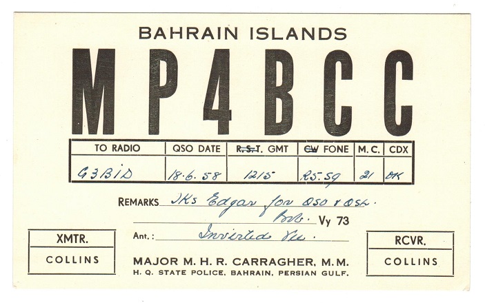 BAHRAIN - 1958 QSL radio card.