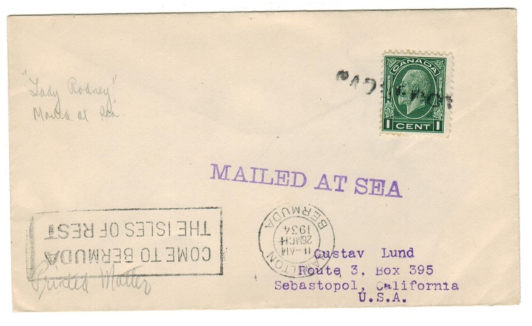 BERMUDA - 1934 MAILED AT SEA paquebot cover to USA.