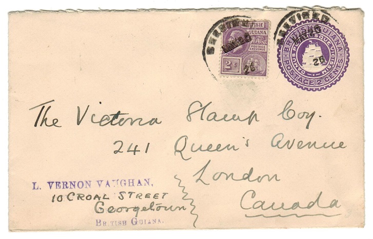 BRITISH GUIANA - 1923 2c violet PSE uprated to Canada and used at BELFIELD.  H&G 6.