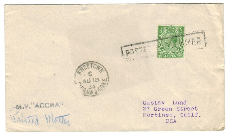SIERRA LEONE - 1934 M.V. ACCRA maritime cover addressed to USA.