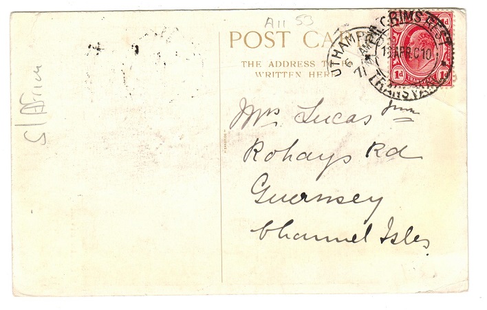 TRANSVAAL - 1910 1d rate postcard to Guernsey used at PILGRIMS REST.