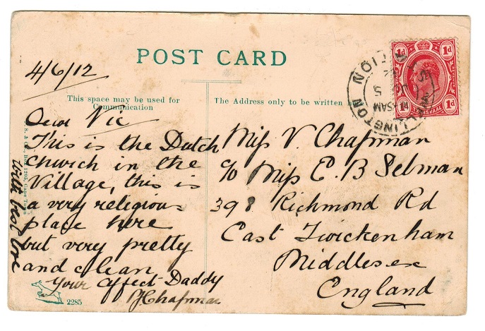 TRANSVAAL - 1912 1d rate postcard to UK used at WELLINGTON STATION.