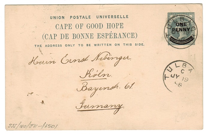 CAPE OF GOOD HOPE - 1897 ONE PENNY on 1 1/2d PSC to Germany used at TULBAGH.  H&G 10a.