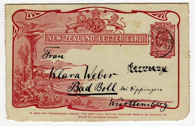 NEW ZEALAND - 1905 1d claret illustrated letter card used at WHANGAREI.  H&G 6.