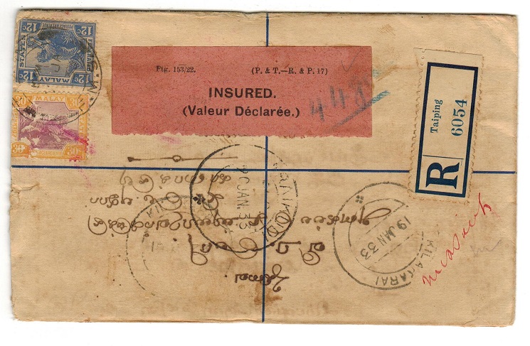 MALAYA - 1929 15c RPSE to India used at TAIPING with INSURED label on reverse.