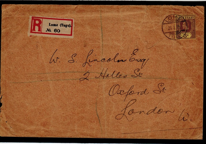 TOGO - 1915 registered cover to UK with 3d un-overprinted Gold Coast adhesive used at LOME.