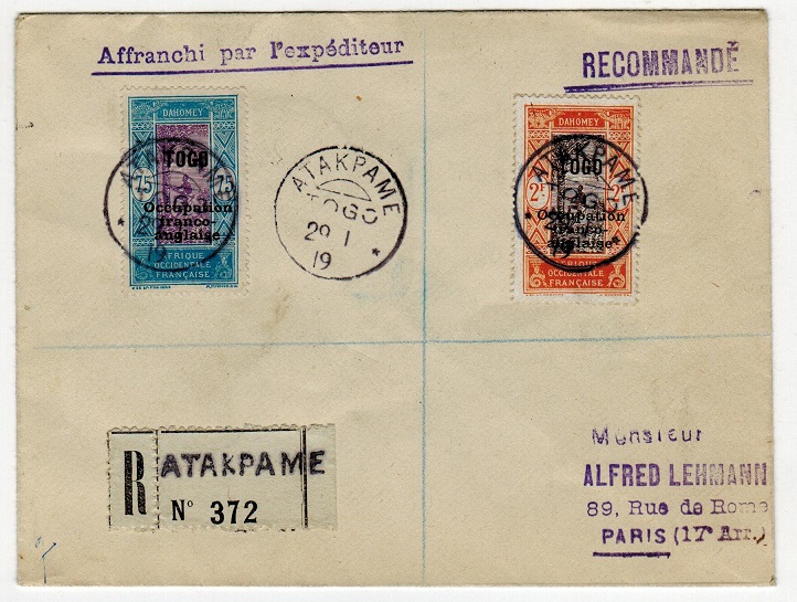 TOGO - 1919 registered cover to France used at ATAKPAME.