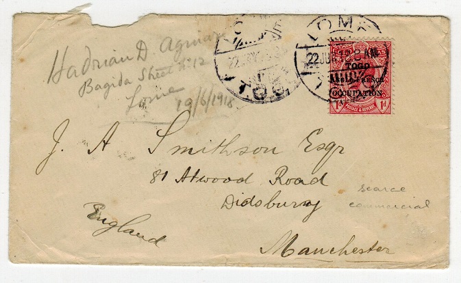 TOGO - 1918 1d rate cover to UK used at LOME.