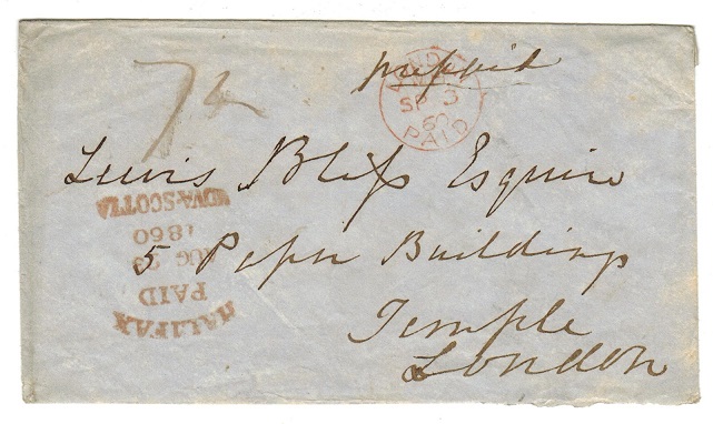 NOVA SCOTIA - 1860 stampless cover to UK struck HALIFAX/PAID/NOVA SCOTIA.