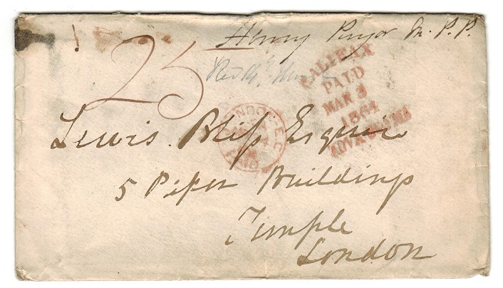 NOVA SCOTIA - 1864 stampless cover to UK struck HALIFAX/PAID/NOVA SCOTIA.