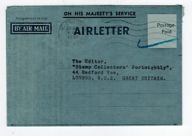AUSTRALIA - 1952 OHMS postal stationery airletter to UK used from MELBOURNE.  H&G DFG3S.