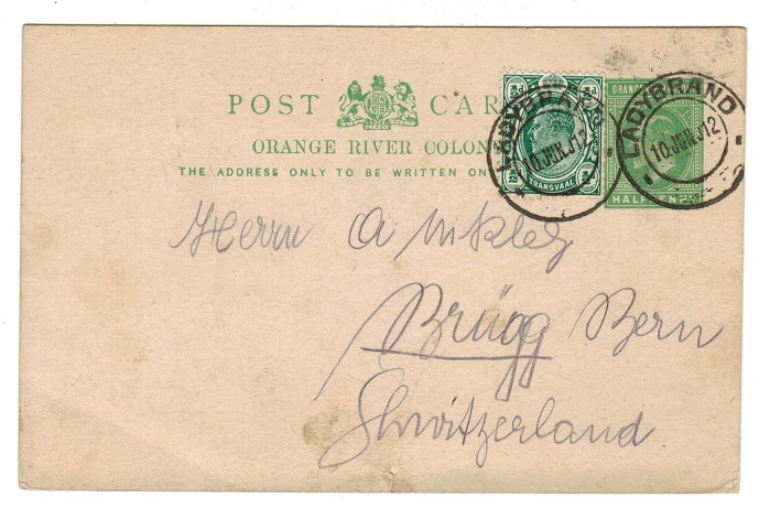 ORANGE RIVER COLONY - 1902 1d PSC uprated to with Transvaal 1/2d at LADYBRAND. H&G 40. 
