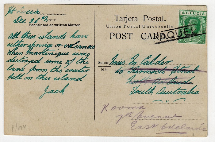 ST.LUCIA - 1930 (circa) postcard to Australia with 1/2d struck PAQUEBOT.