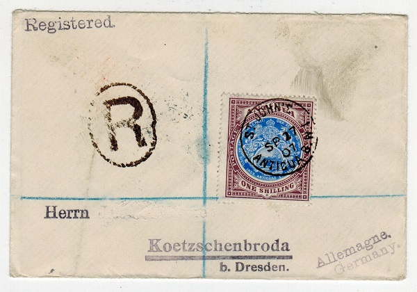 ANTIGUA - 1907 1/- rate registered cover to Germany.
