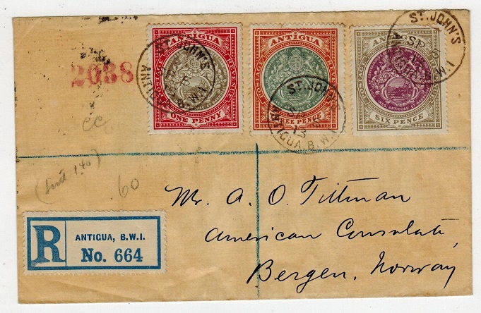 ANTIGUA - 1913 multi franked registered cover to Norway.
