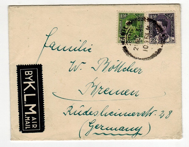 IRAQ - 1938 cover to Germany bearing KLM airmail label used at MAQIL.

