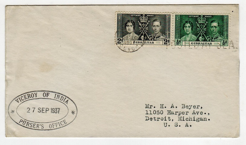 GIBRALTAR - 1937 VICEROY OF INDIA maritime cover to USA.
