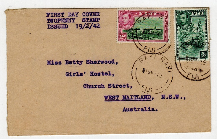 FIJI - 1942 1/2d and 2d First Day cover used at RAKI RAKI to New Zealand.
